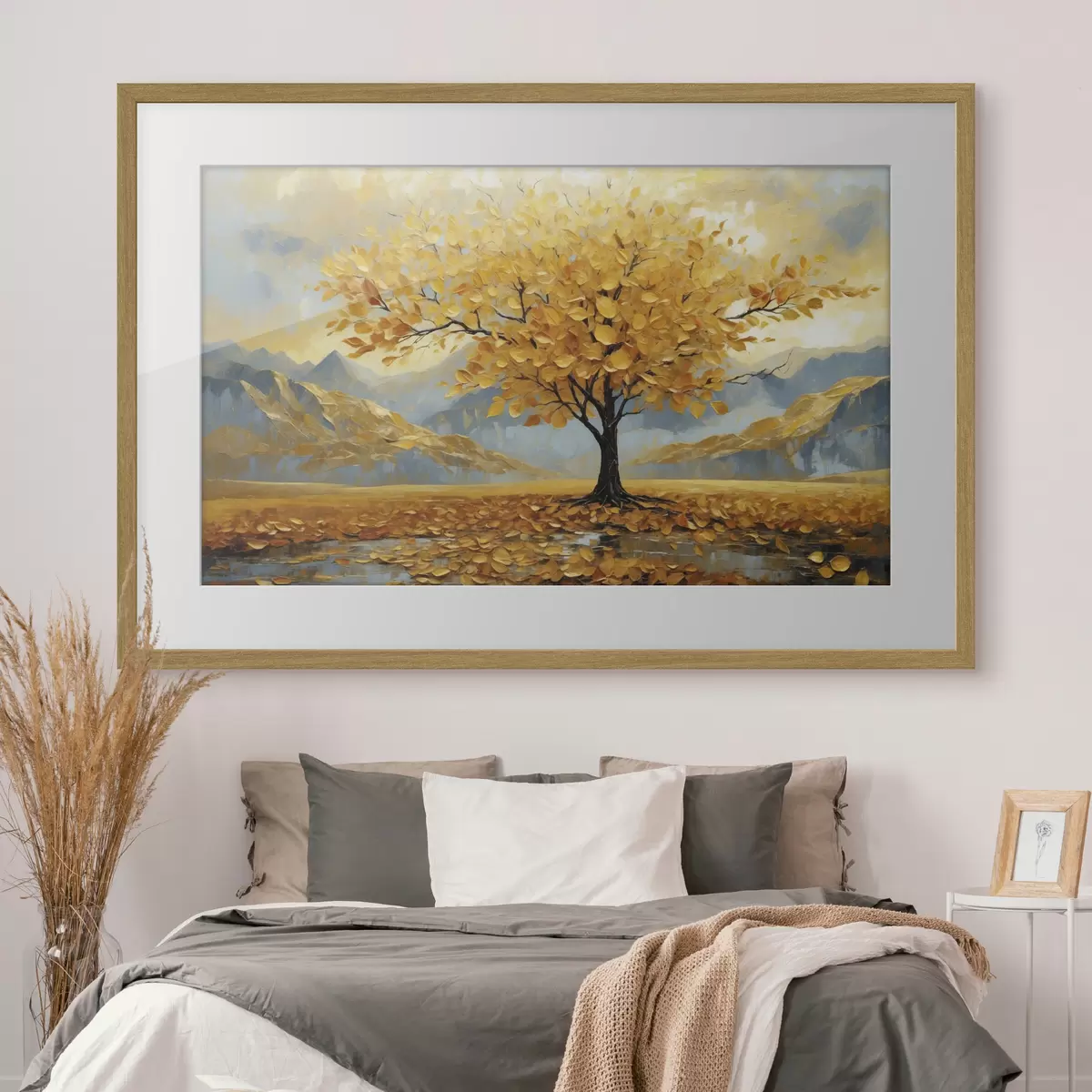Poster Baum mit gelben Blättern in einer Berglandschaft f47285