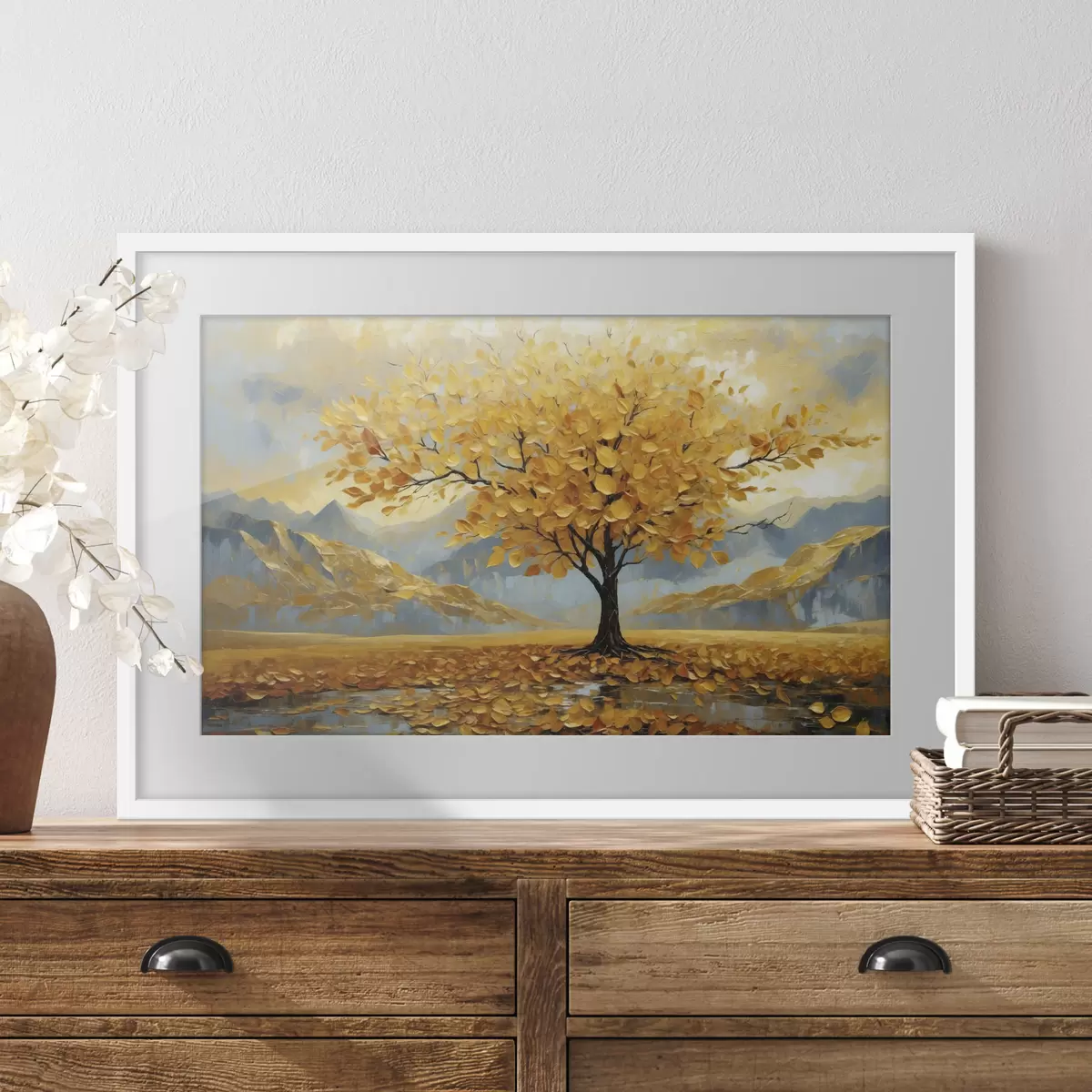 Poster Baum mit gelben Blättern in einer Berglandschaft f47285