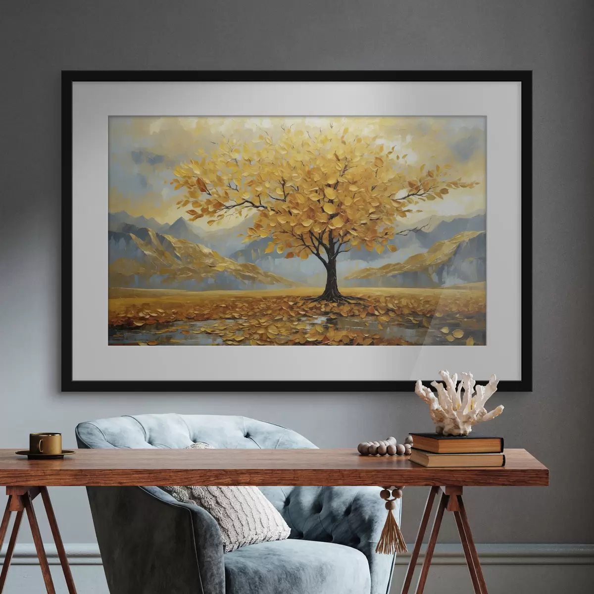 Poster Baum mit gelben Blättern in einer Berglandschaft f47285