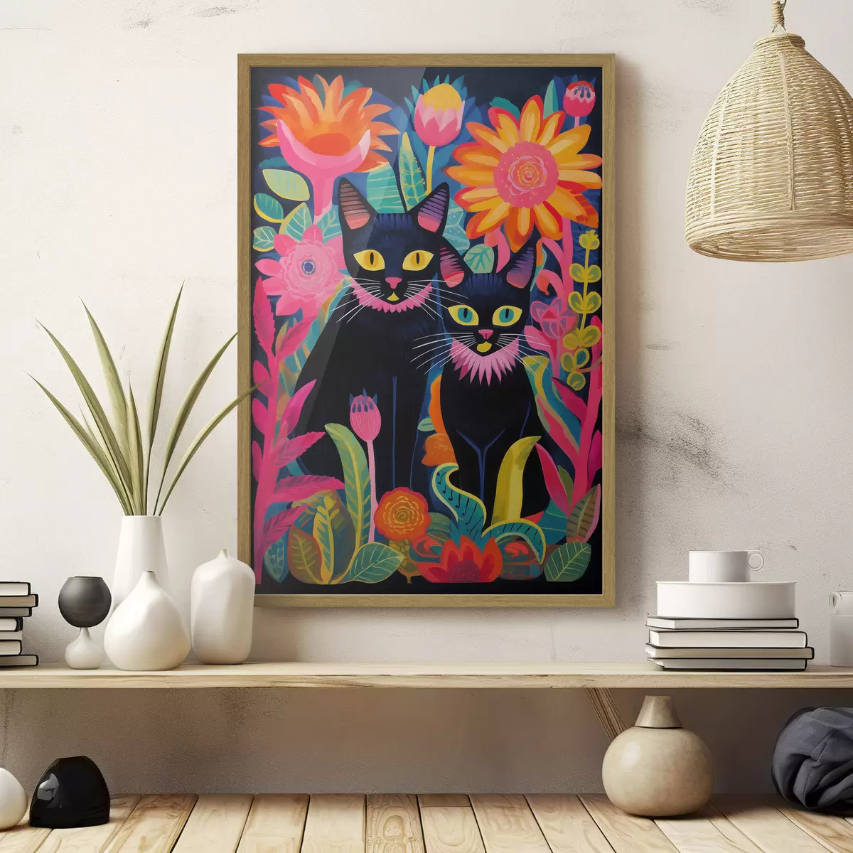 Poster Zwei schwarze Katzen zwischen bunten Blumen f47299