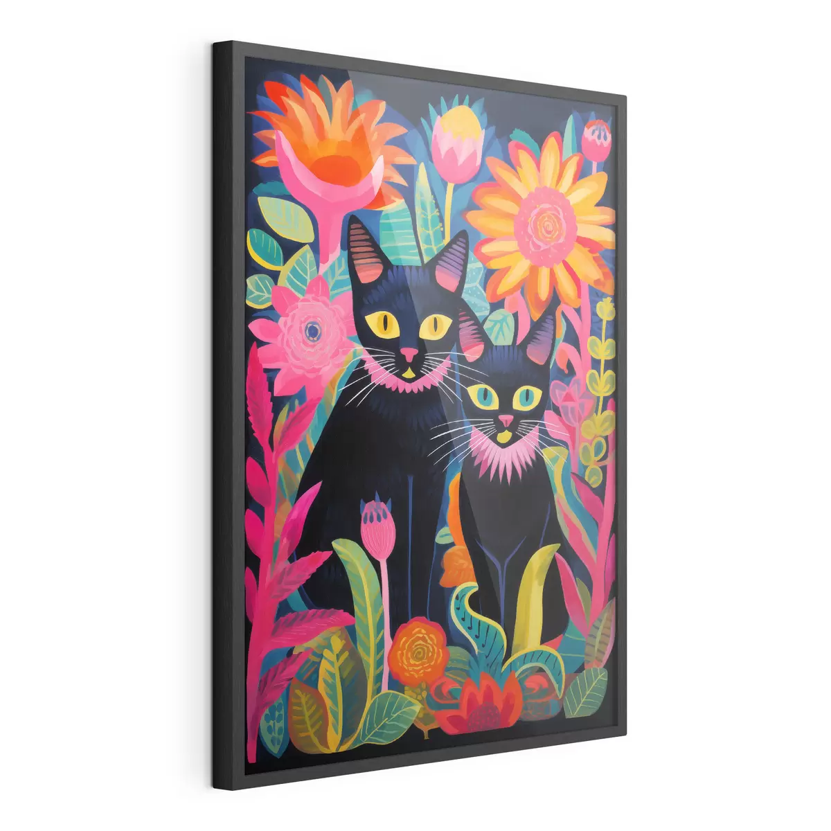 Poster Zwei schwarze Katzen zwischen bunten Blumen f47299