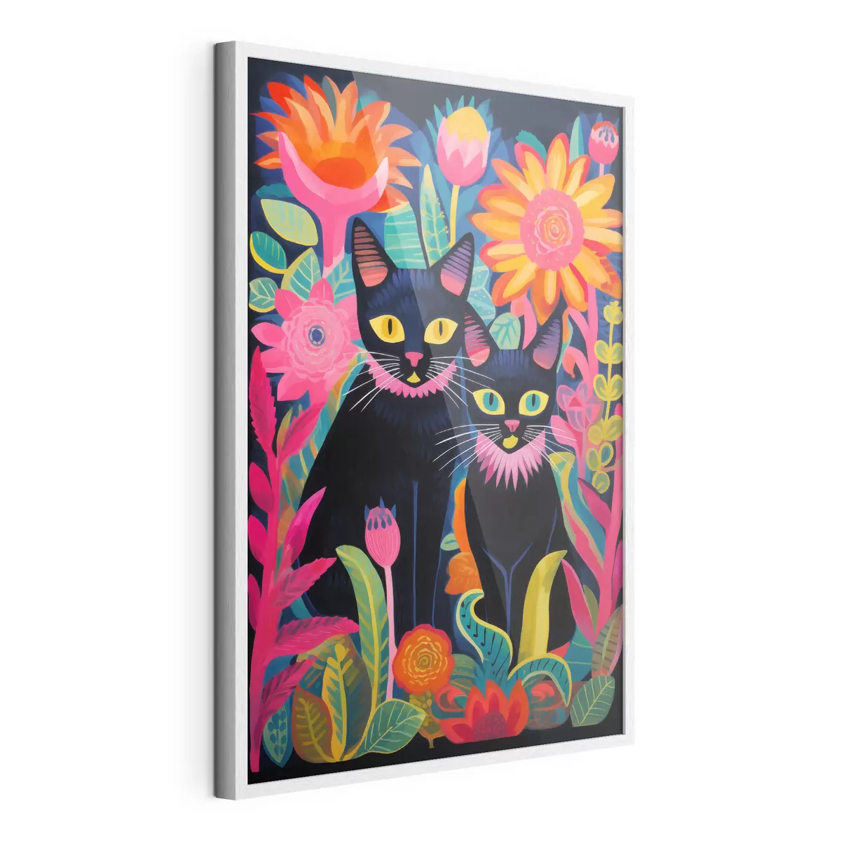 Poster Zwei schwarze Katzen zwischen bunten Blumen f47299