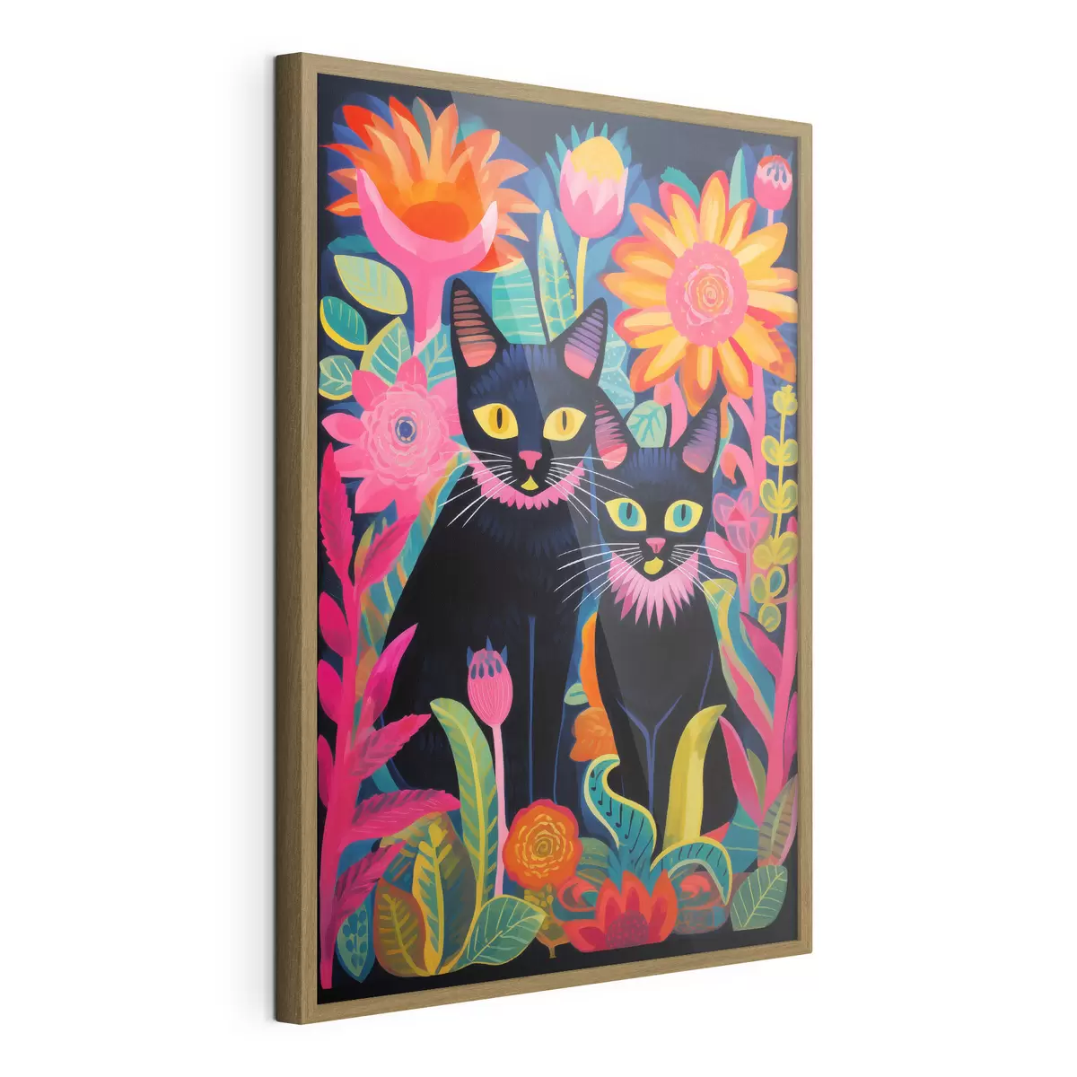 Poster Zwei schwarze Katzen zwischen bunten Blumen f47299