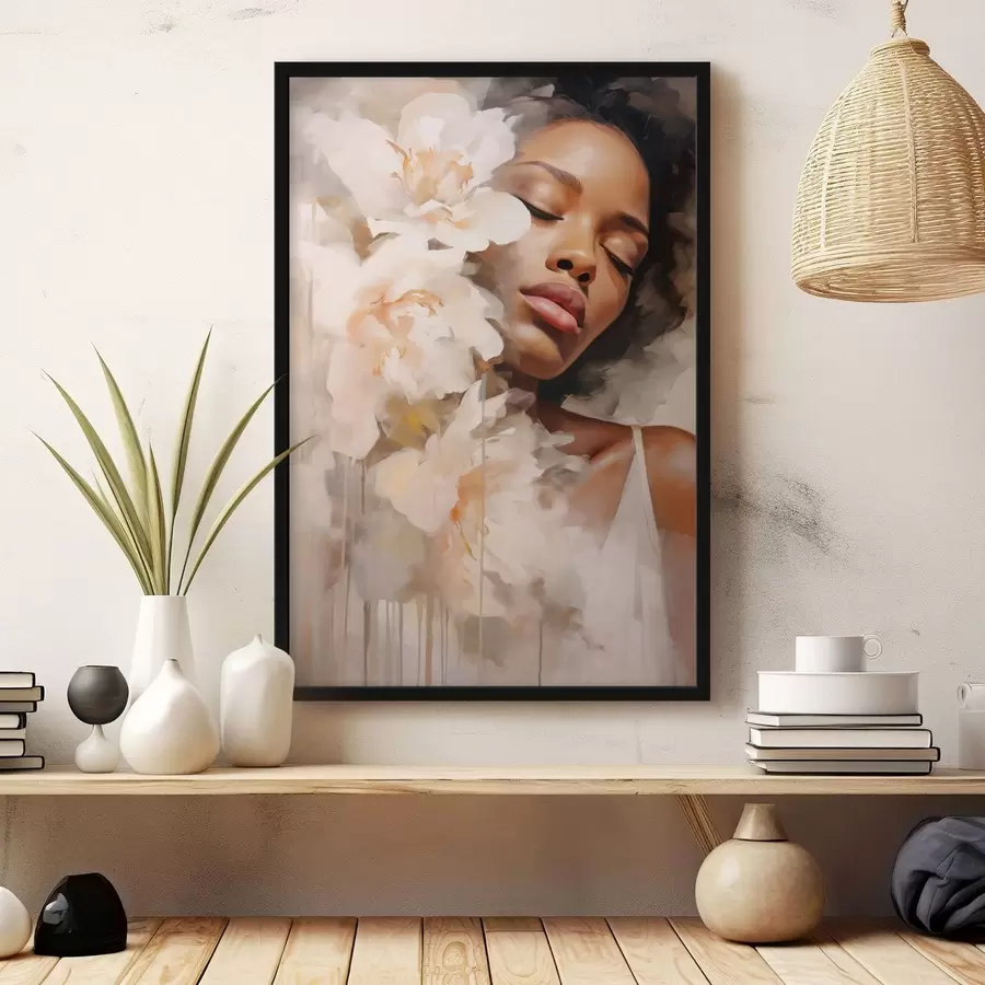 Fototapete Frauenporträt neben großen Blumen f47307