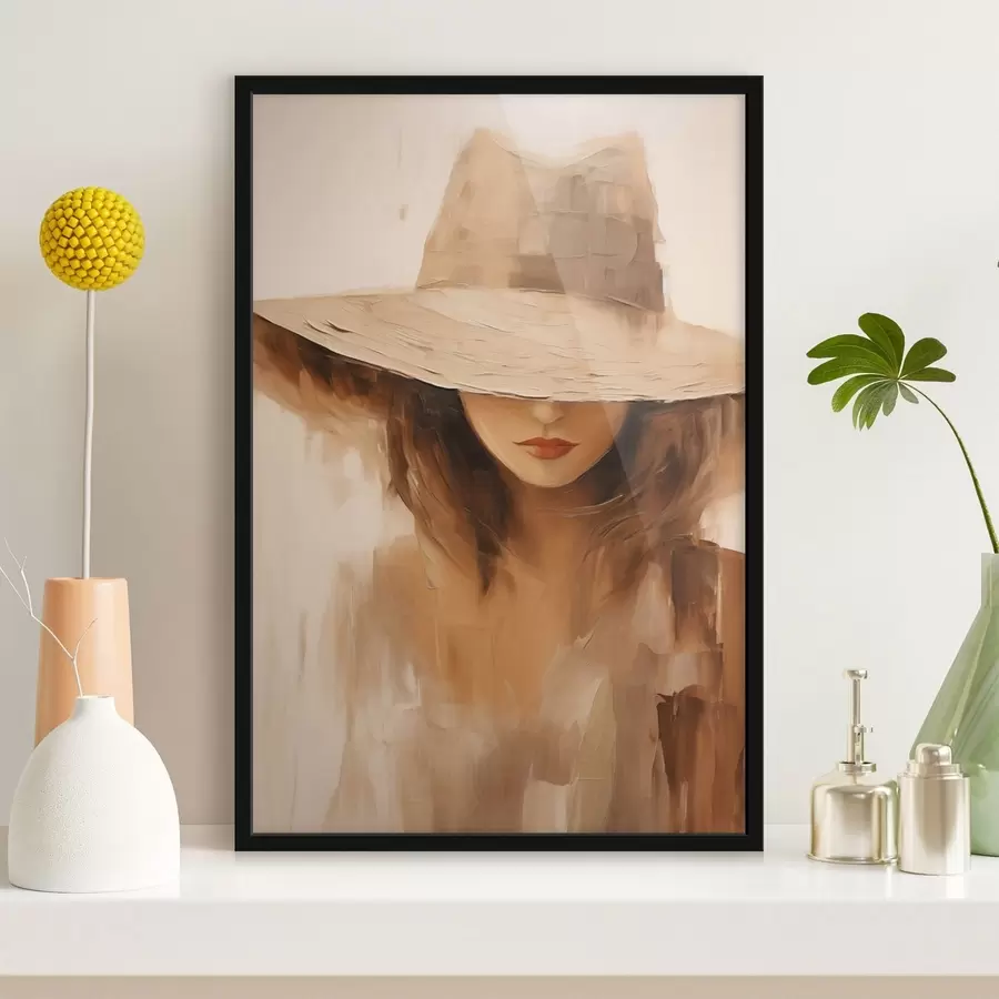 Fototapete Frau mit Hut in warmen abstrakten Strichen f47312