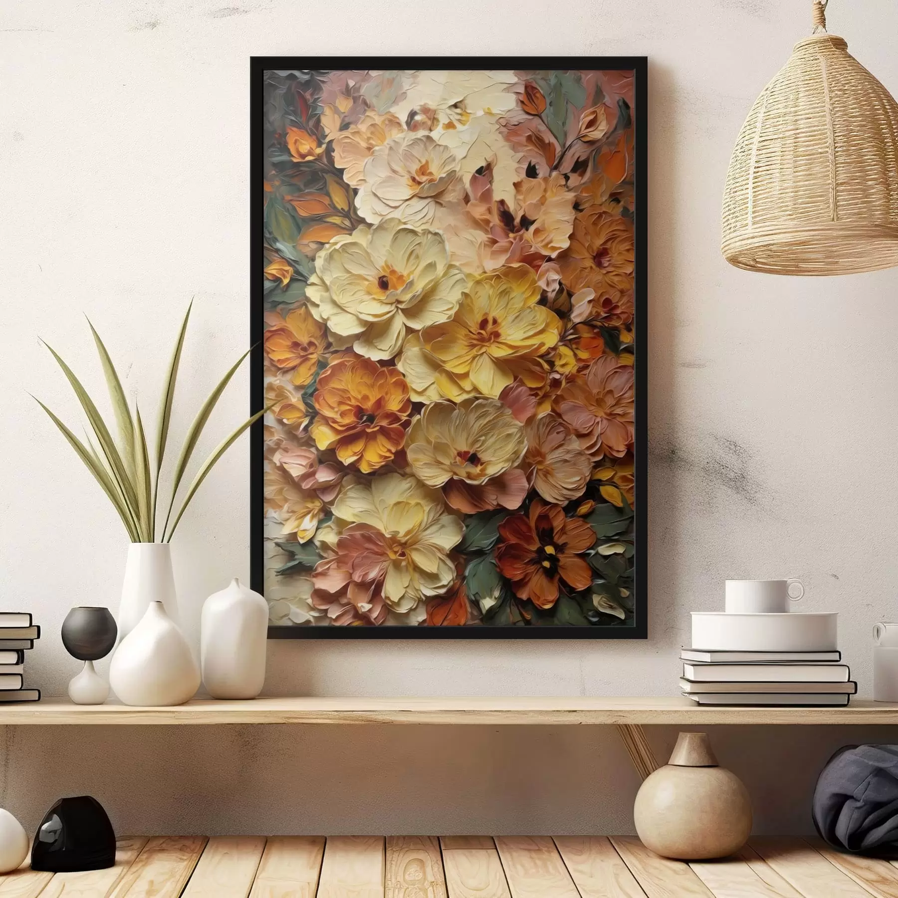 Fototapete Üppige Komposition aus leuchtenden Blumen in warmen Farbtönen f47760