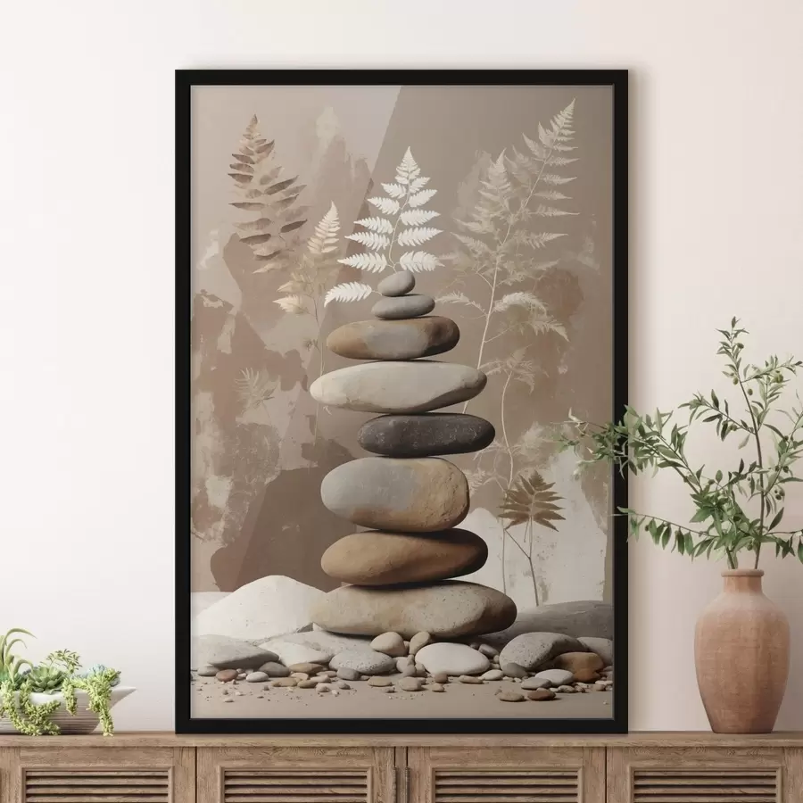 Fototapete Stapel glatter Steine vor botanischem Hintergrund f47764