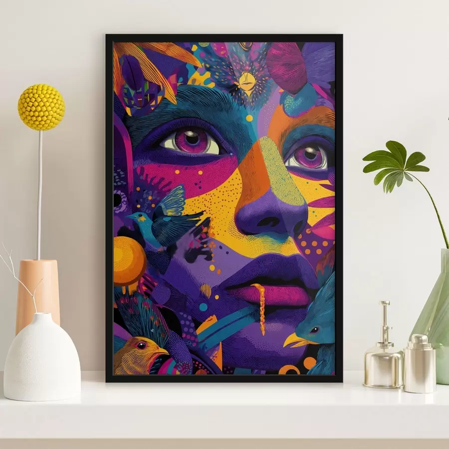 Fototapete Psychedelisches Porträt mit Vögeln f47790