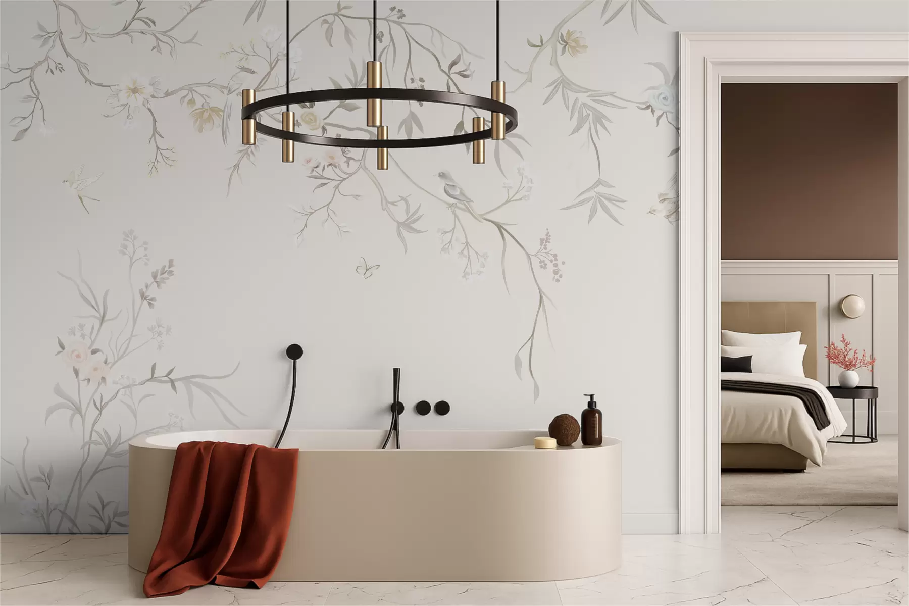 Fototapete Zarte Blumen und Vögel auf Kreidehintergrund w05127