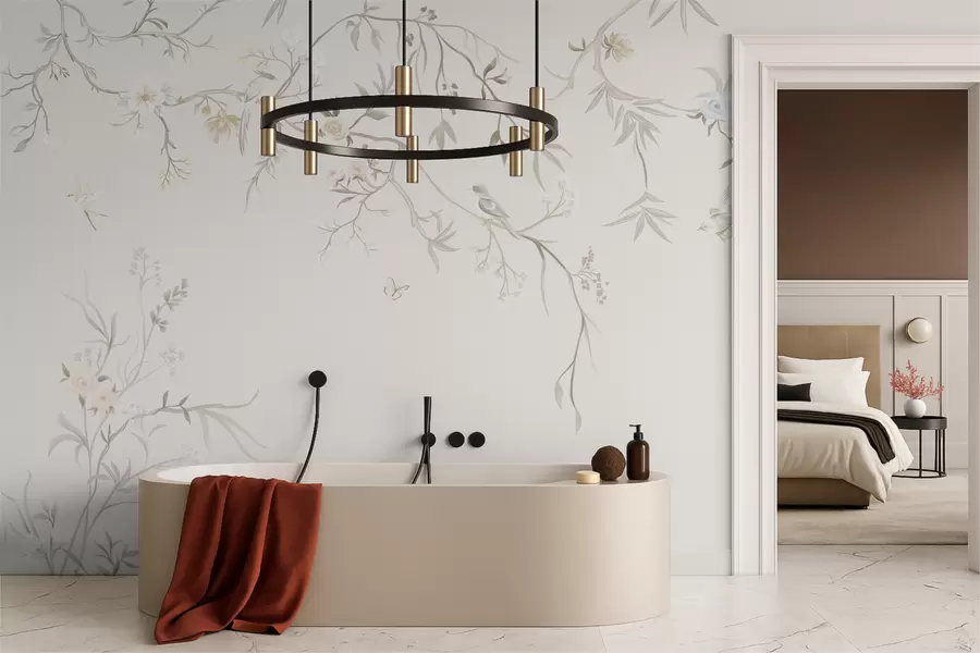 Fototapete Zarte Blumen und Vögel auf Kreidehintergrund w05127