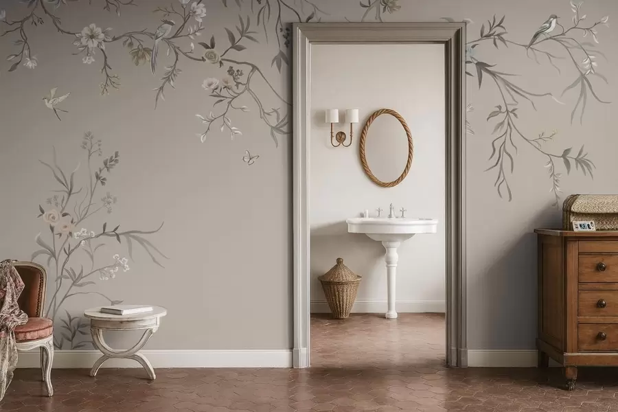 Fototapete Blumenornament mit Vögeln auf neutralem Hintergrund w05127v3