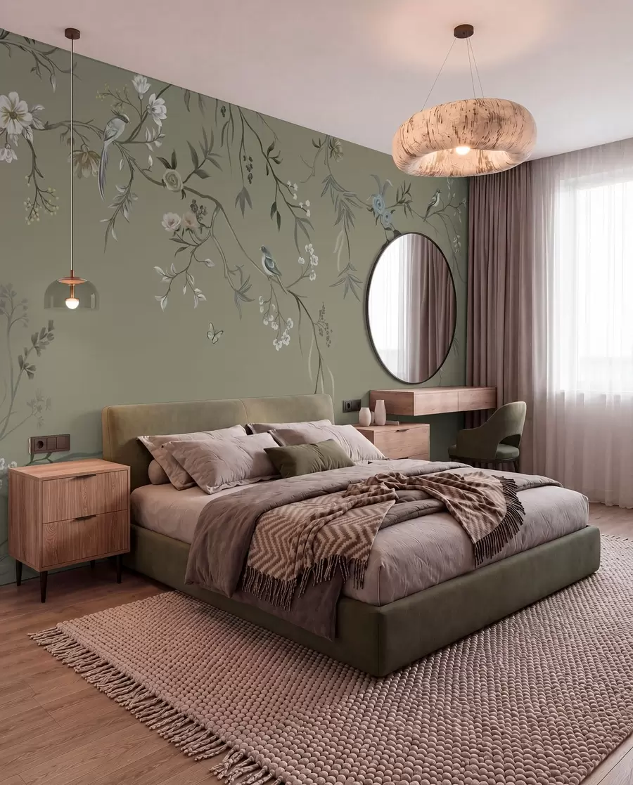 Fototapete Blumenmotiv mit Vögeln auf grauem Hintergrund w05127v4