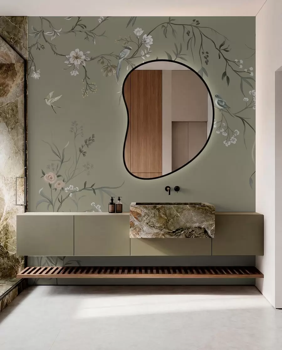 Fototapete Blumenmotiv mit Vögeln auf grauem Hintergrund w05127v4