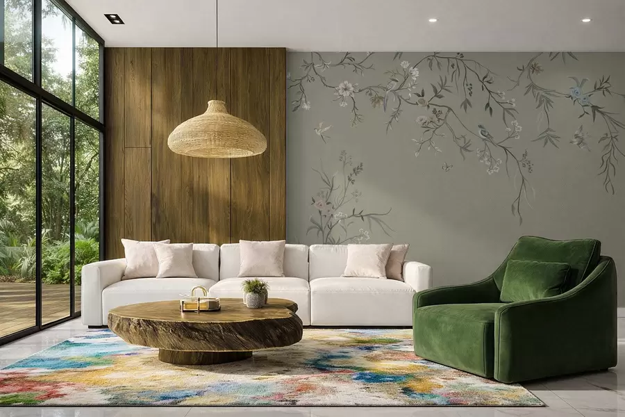 Fototapete Blumenmuster mit Vögeln auf kühlem Hintergrund w05127v6