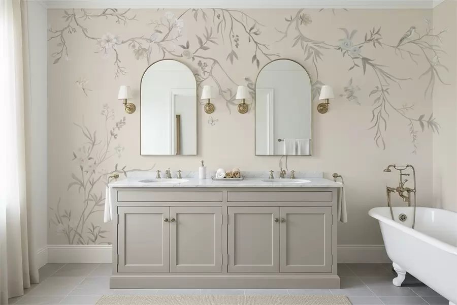 Fototapete Blumenzweige mit Vögeln auf hellem Hintergrund w05127v7