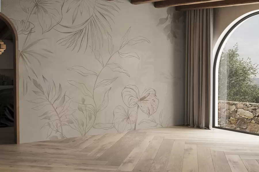 Fototapete Lineare Pflanzen auf strukturiertem beigem Hintergrund w05128