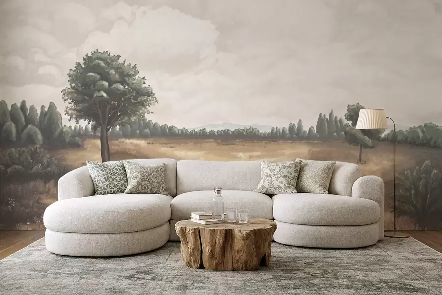 Fototapete Gemalte Landschaft mit Bäumen und offenem Feld w05131