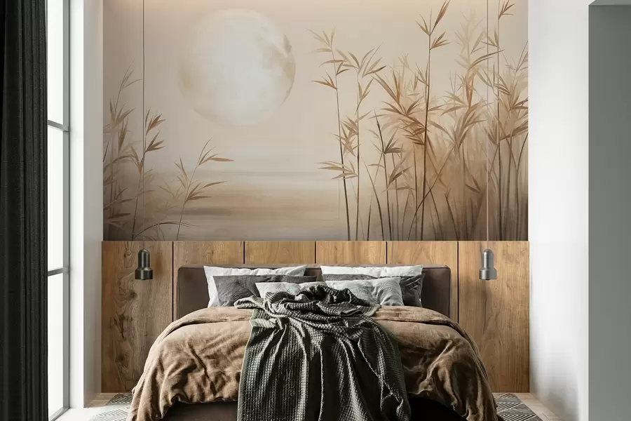 Fototapete Strukturierte Landschaft mit hohem Schilf, See und blassem Mond an einem dunstigen Himmel w09631