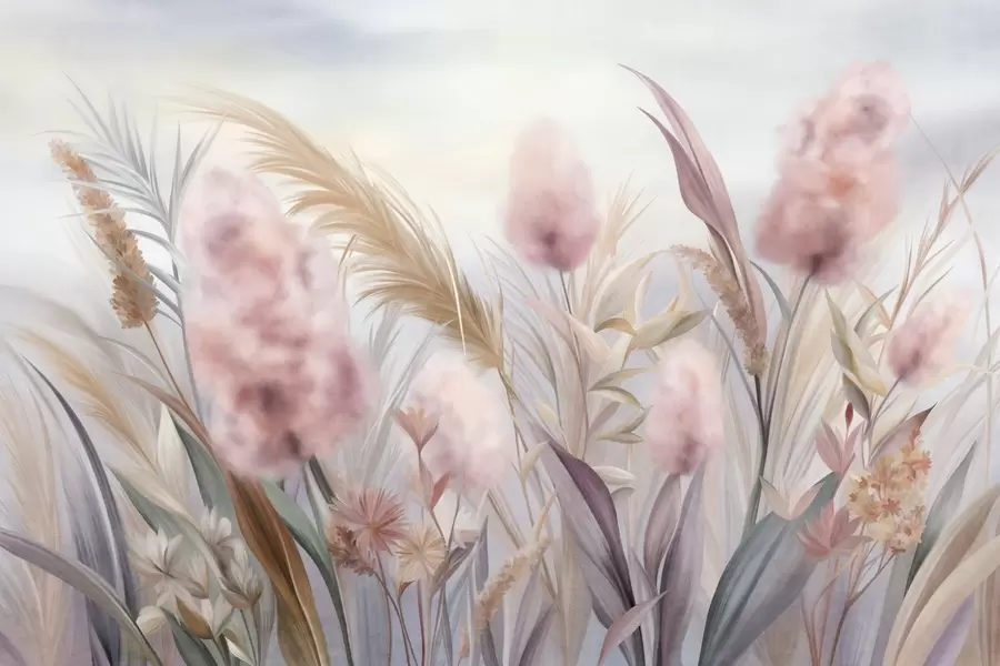 Fototapete Rosa und beige Pampasgras und andere Trockenblumen vor einem sanften, dunstigen Himmel w09635