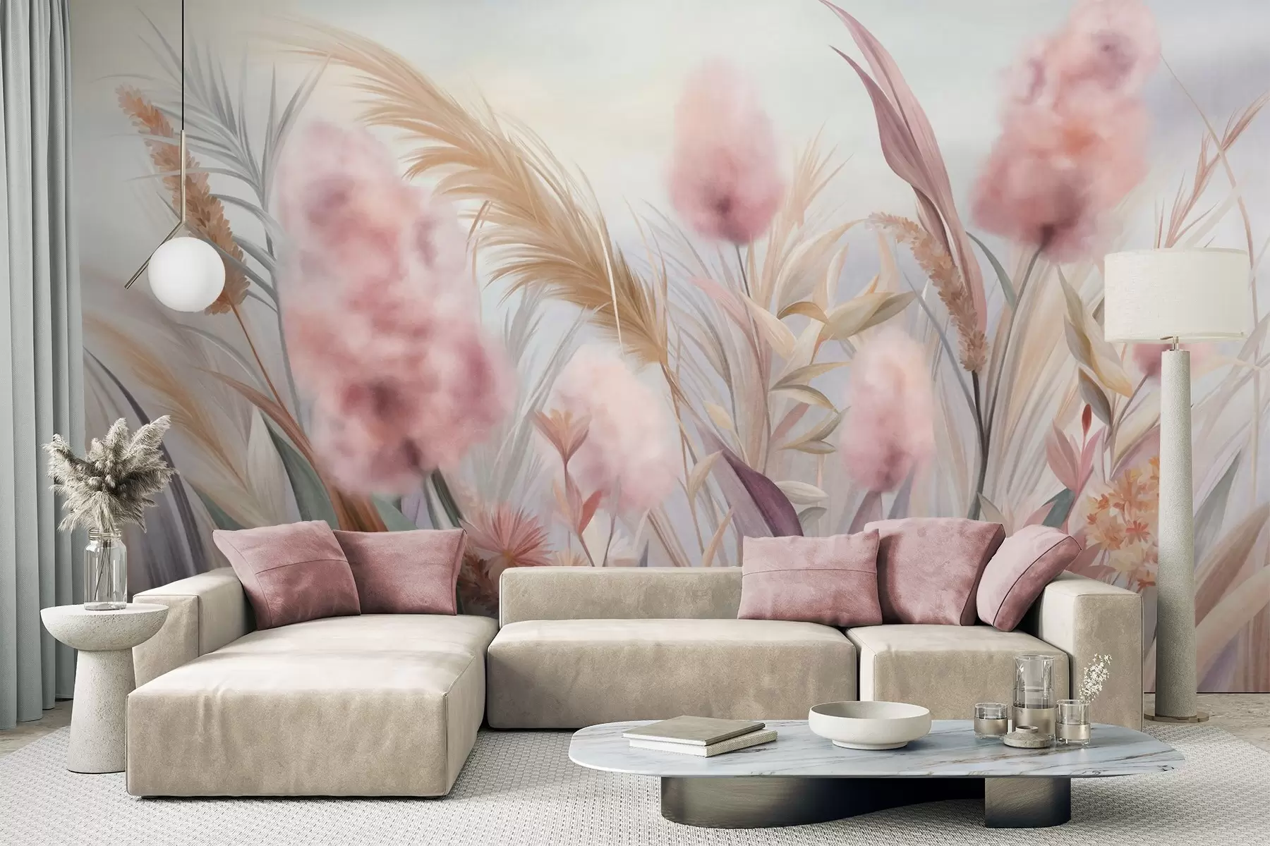 Fototapete Rosa und beige Pampasgras und andere Trockenblumen vor einem sanften, dunstigen Himmel w09635
