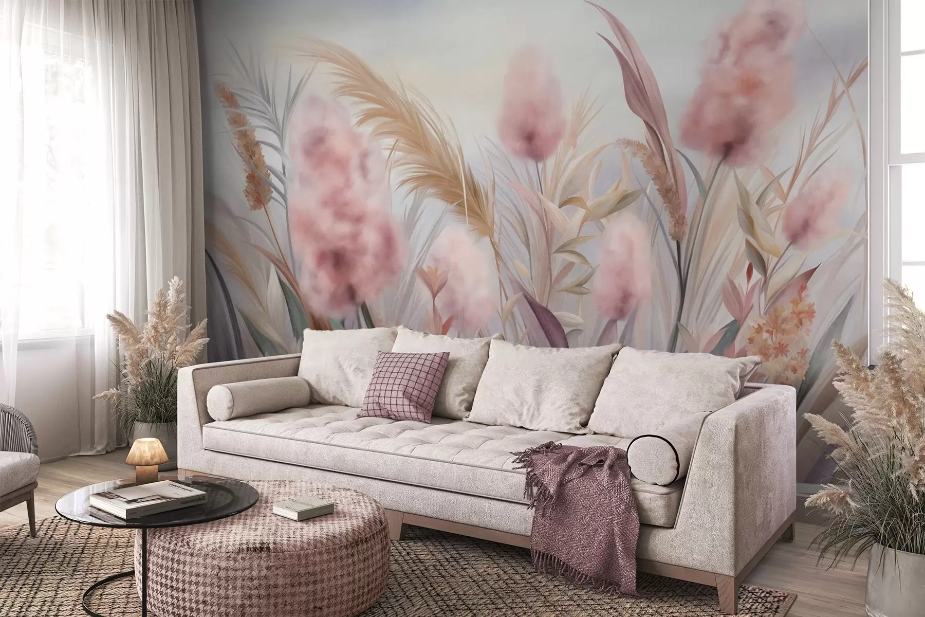 Fototapete Rosa und beige Pampasgras und andere Trockenblumen vor einem sanften, dunstigen Himmel w09635