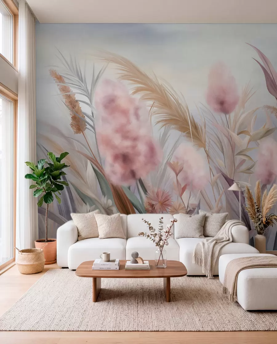 Fototapete Rosa und beige Pampasgras und andere Trockenblumen vor einem sanften, dunstigen Himmel w09635
