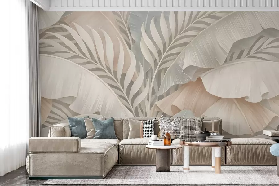 Fototapete große tropische Blätter in Pfirsich- und mattem Türkistönen w05062