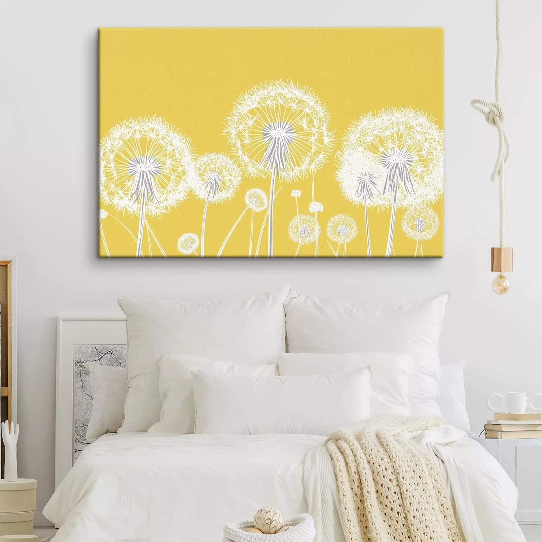Fototapete Weiße Löwenzahnblüten auf gelbem Hintergrund s47890