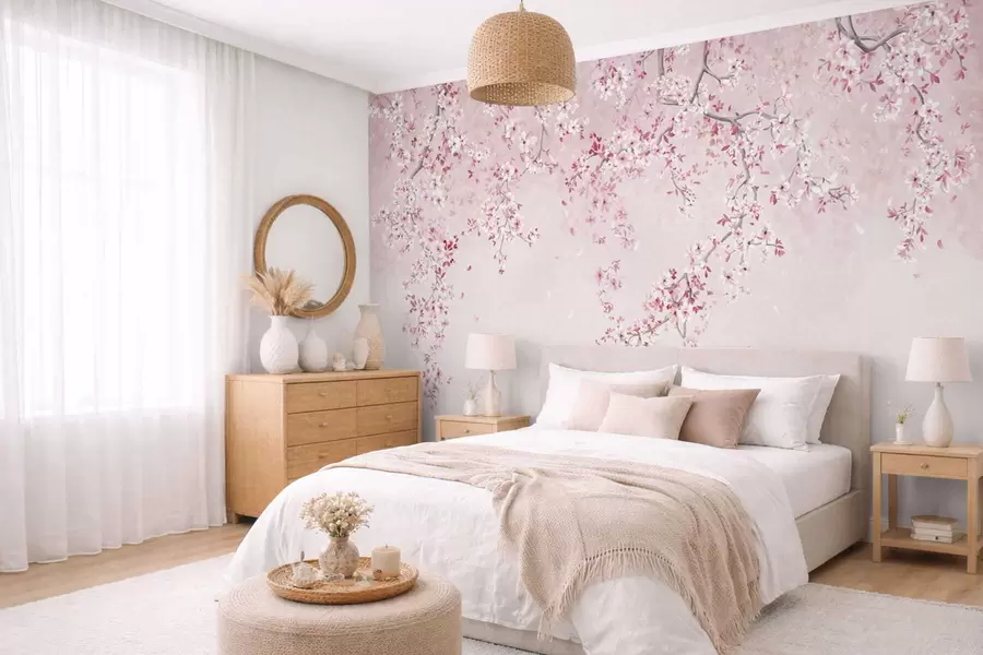 Fototapete Zweige mit rosa Blüten auf einem sanften Pastellhintergrund w05129v1