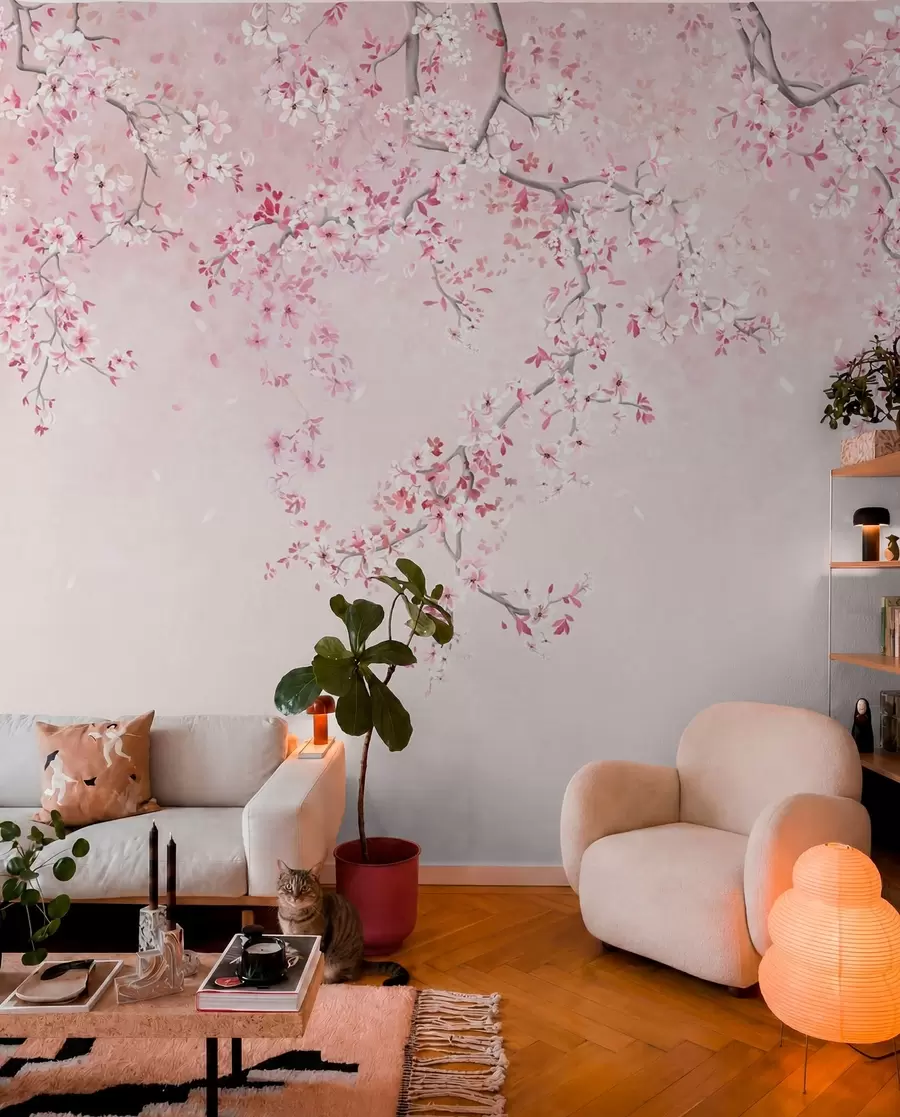 Fototapete Zweige mit rosa Blüten auf einem sanften Pastellhintergrund w05129v1