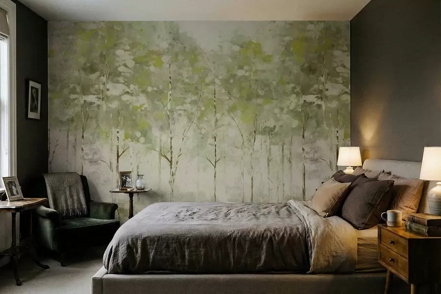 Fototapete Stilisierter Wald mit schlanken Bäumen in Grüntönen w05221v1