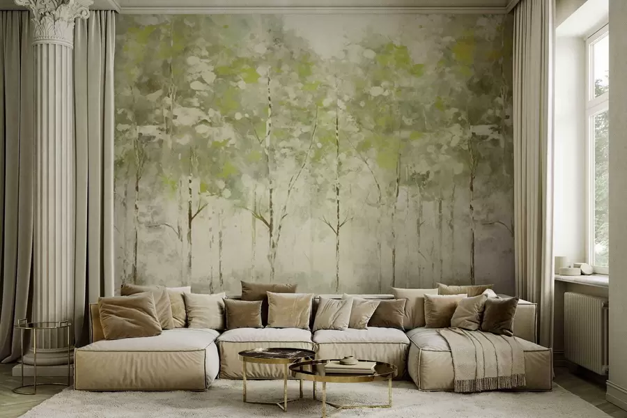 Fototapete Stilisierter Wald mit schlanken Bäumen in Grüntönen w05221v1