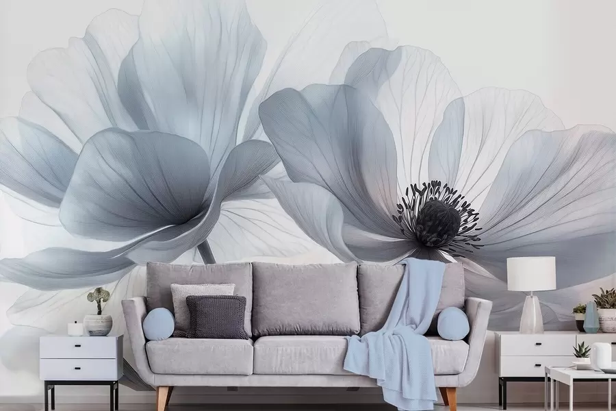 Fototapete Durchscheinende bläulich-weiße Blüten auf hellem Hintergrund w09720