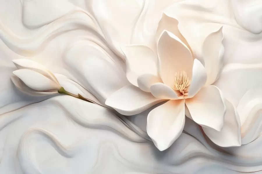 Fototapete Dreidimensionale weiße Magnolie mit Marmorstruktur-Imitation im Relief w09729