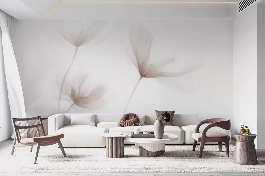 Fototapete Luftige beige Blumen in minimalistischem, hellem Stil w09734