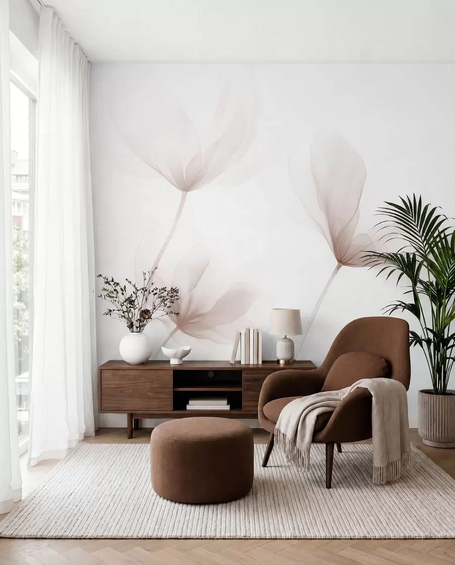 Fototapete Luftige beige Blumen in minimalistischem, hellem Stil w09734