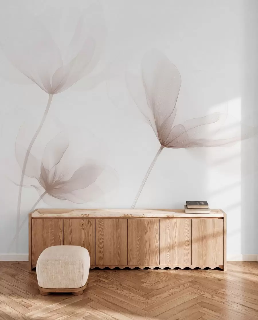 Fototapete Luftige beige Blumen in minimalistischem, hellem Stil w09734