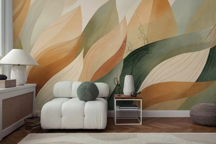 Fototapete Abstrakte Blätter, gedämpfte Erdtöne in Grün und Orange mit zarten Liniendetails, weiche Aquarelltextur w09736