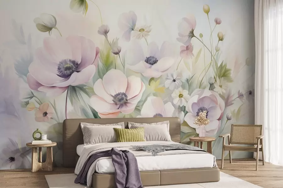 Fototapete Ein Feld aus pastellrosa und weißen Anemonen, grünem Laub und kleinen weißen Gänseblümchen w09742