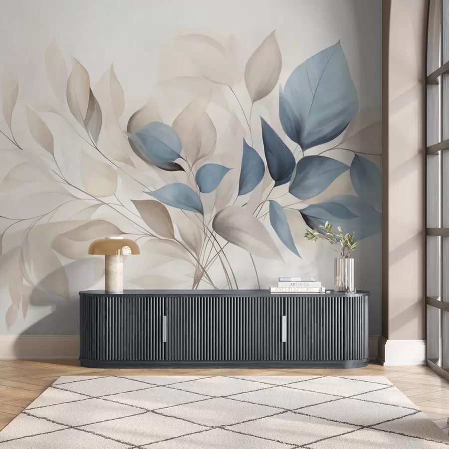 Fototapete Abstrakte durchscheinende Blätter in Blau-, Beige- und Cremetönen, strukturierte Kunst w09744