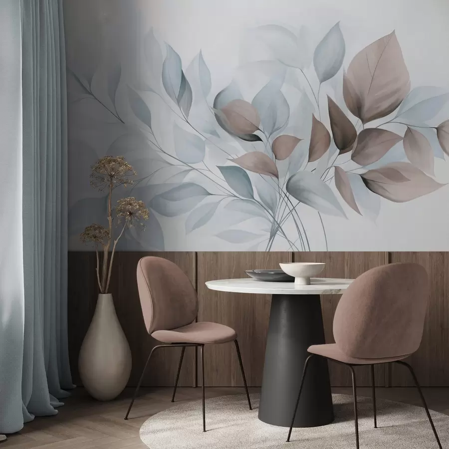 Fototapete Abstrakte durchscheinende Blätter in Blau-, Beige- und Brauntönen, strukturierte Kunst w09744v1