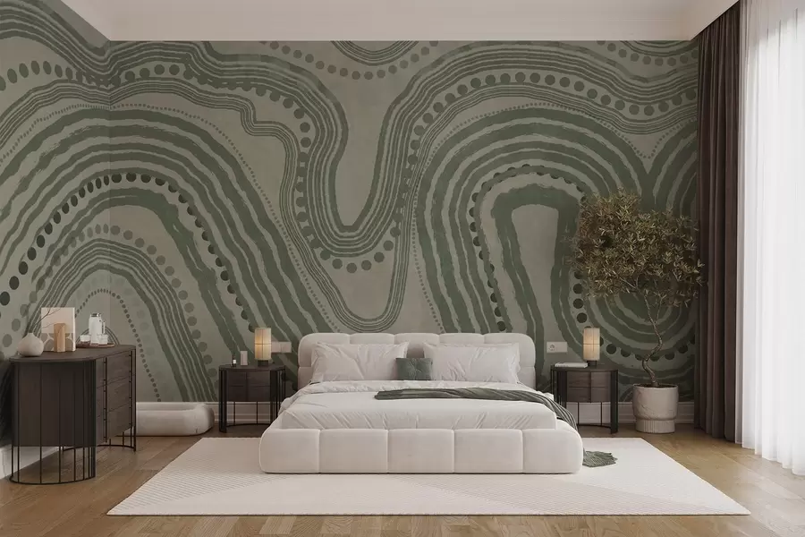 Fototapete Abstrakte grüne und beige Wellenlinien und Punkte, moderne strukturierte Kunst w09747