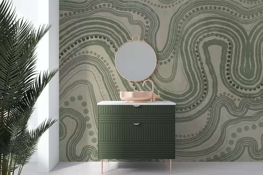 Fototapete Abstrakte grüne und beige Wellenlinien und Punkte, moderne strukturierte Kunst w09747