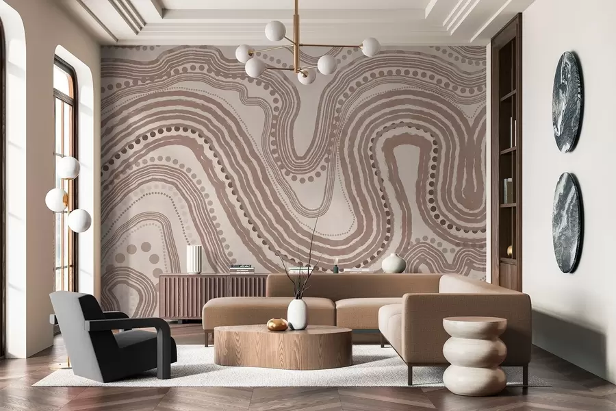 Fototapete Abstrakte braune und beige Wellenlinien und Punkte, moderne strukturierte Kunst w09747v1