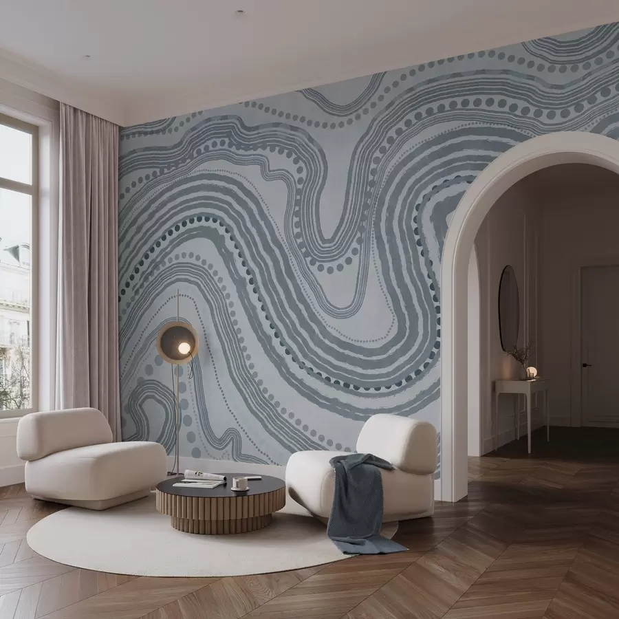 Fototapete Abstrakte blaue Wellenlinien und Punkte, moderne strukturierte Kunst w09747v3