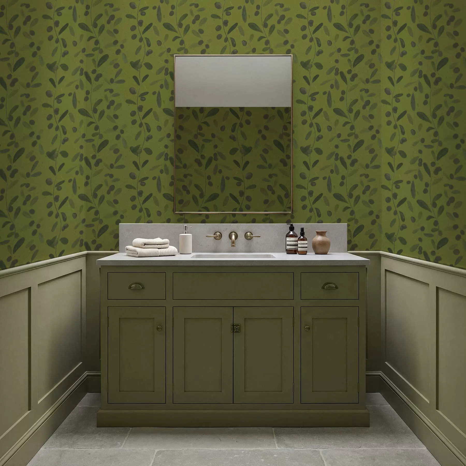 Fototapete Grüne Zweige mit Blättern und Beeren auf Olivenbaum a01113