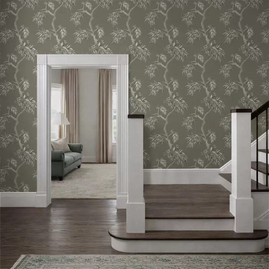 Fototapete Leichter Ast mit Blättern auf olivfarbenem Hintergrund a01117v1