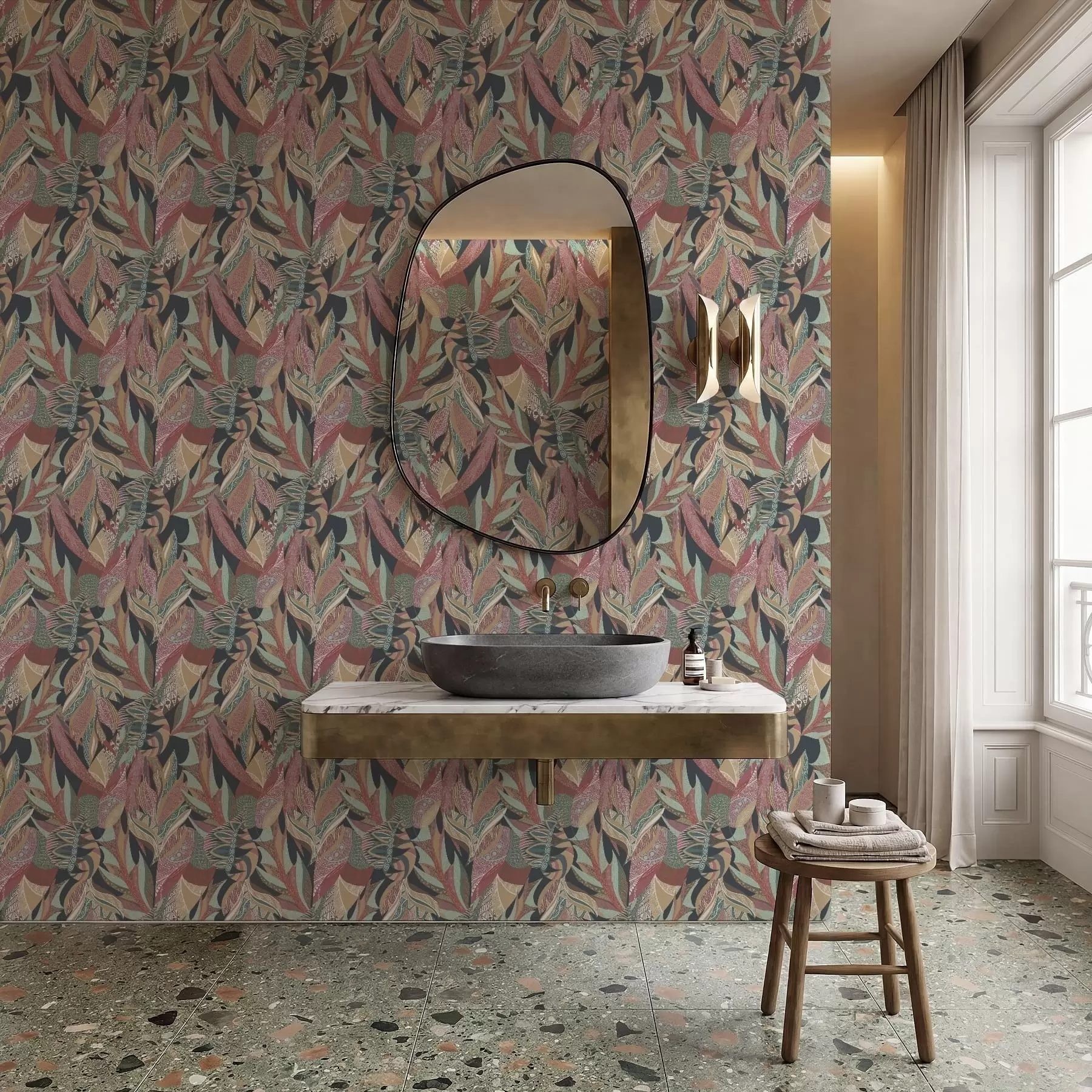 Fototapete Bunte gemusterte Blätter auf dunklem Hintergrund a01120