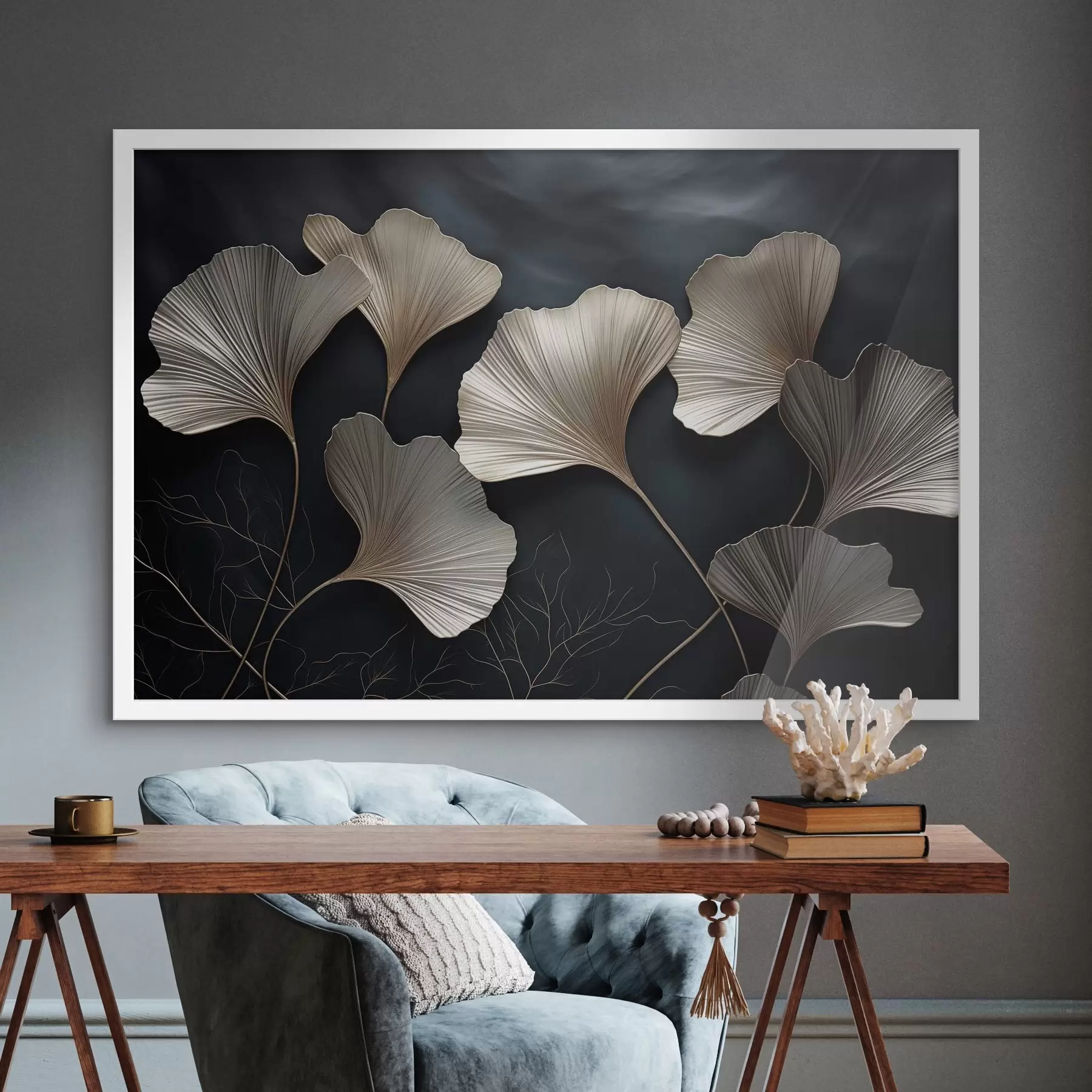 Fototapete Ginkgoblätter auf dunklem Hintergrund f48008