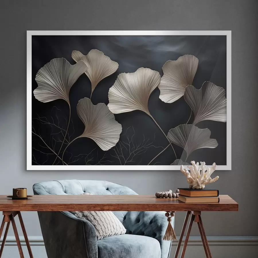 Fototapete Ginkgoblätter auf dunklem Hintergrund f48008